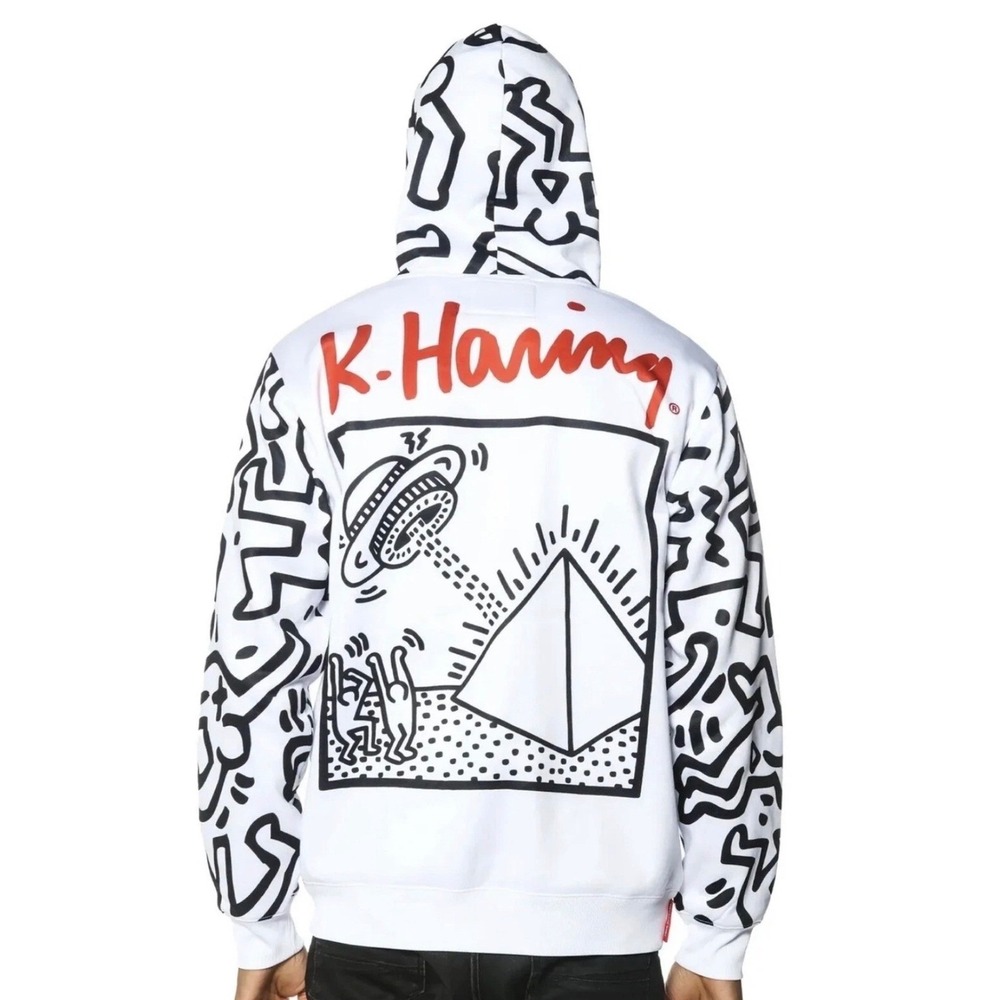 NEW Members Only Keith Haring Hoodie Mens Large White Graphic Pop Art Streetwear